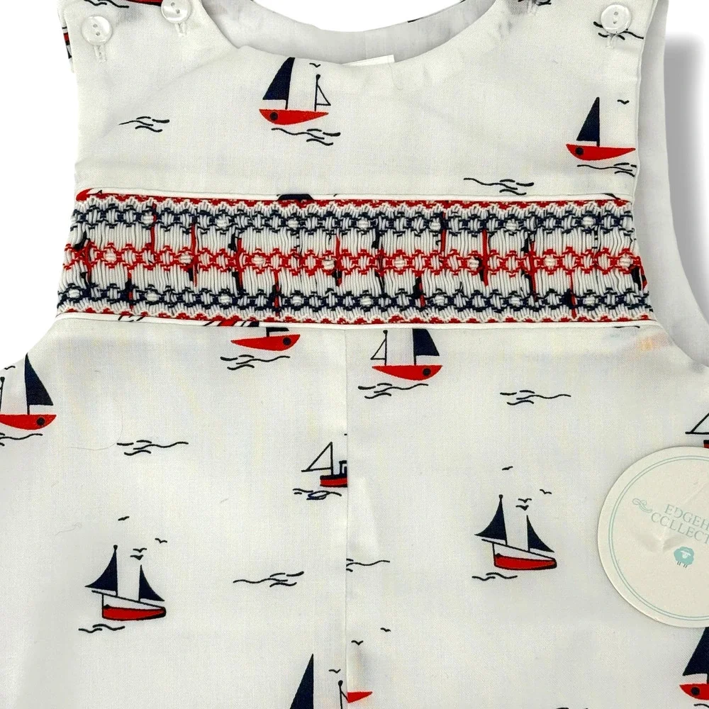 Edgehill Collection Smocked Jon Jon Romper Baby Boy Size 3 Mo Nautical Sail Boat